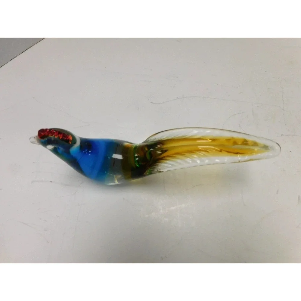 Vintage Art Glass Rooster Figurines Pair Blue Amber Green Hand Blown Birds DW740
